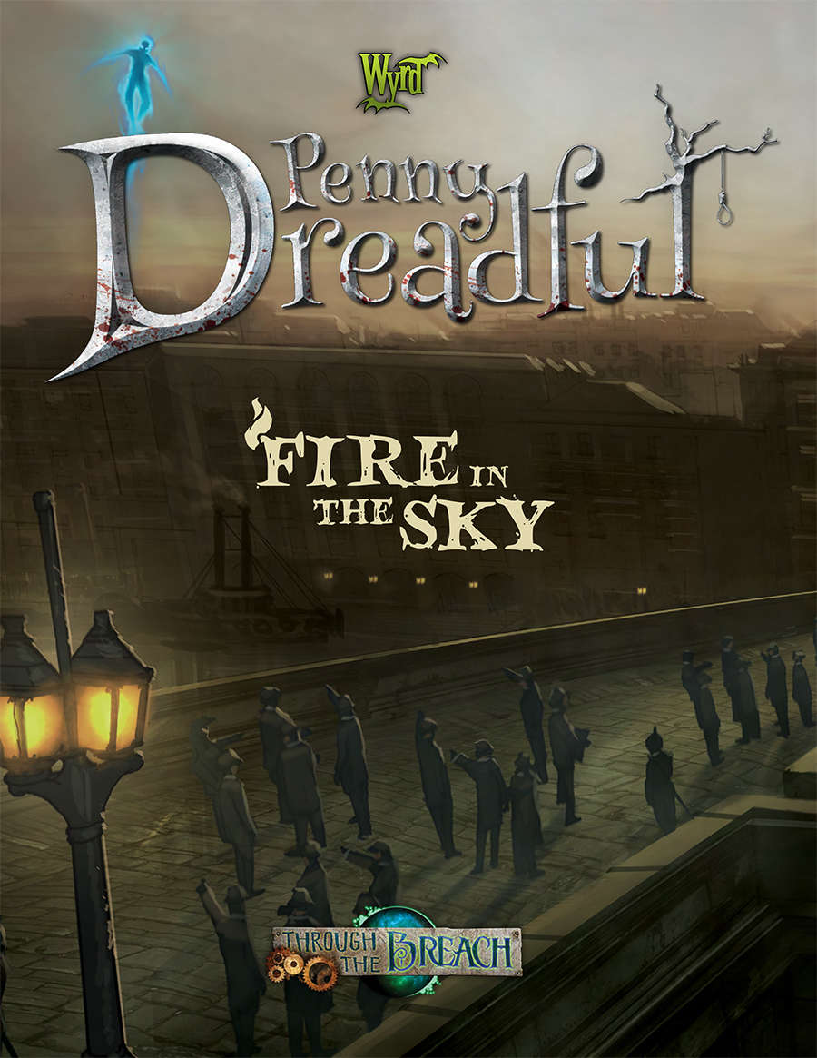 A glowing blue figure floats above a gloomy city, as people on a bridge gaze skyward. Cover for Penny Dreadful: Fire in the Sky