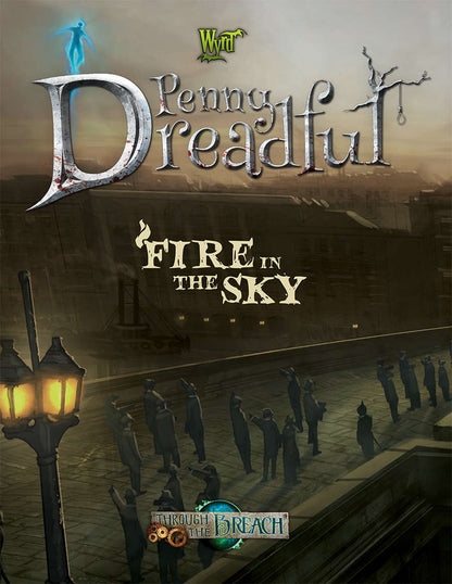 A glowing blue figure floats above a gloomy city, as people on a bridge gaze skyward. Cover for Penny Dreadful: Fire in the Sky