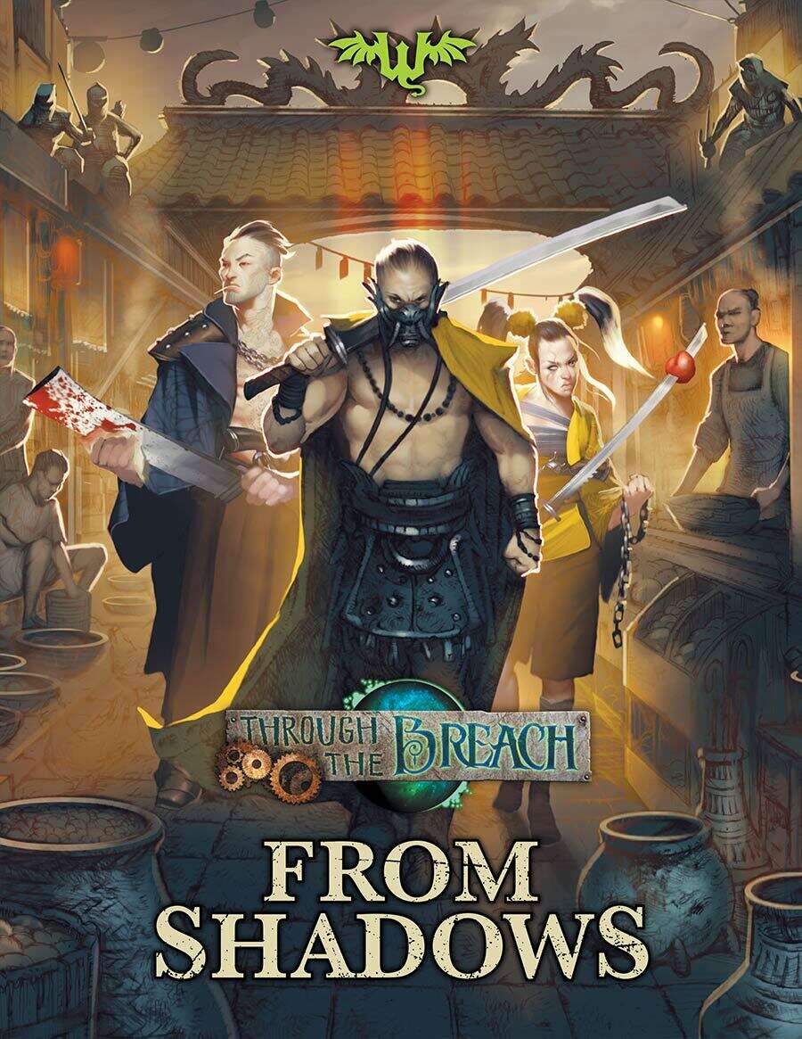 A masked warrior with a sword leads two fighters, one with a bloodied cleaver, through a shadowy Asian street