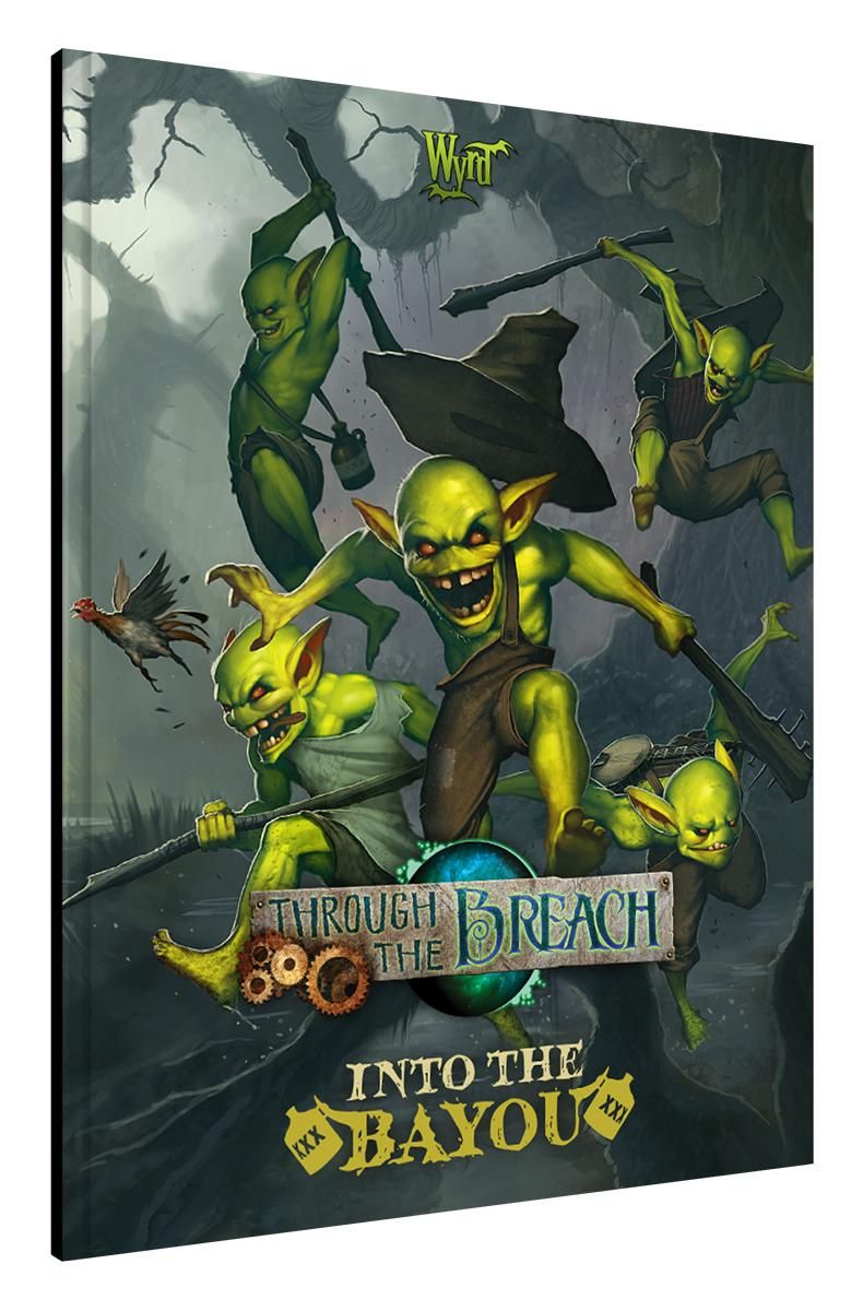 Cover art for 'Through the Breach Into the Bayou': Maniacal green goblins with weapons charging through a dark bayou