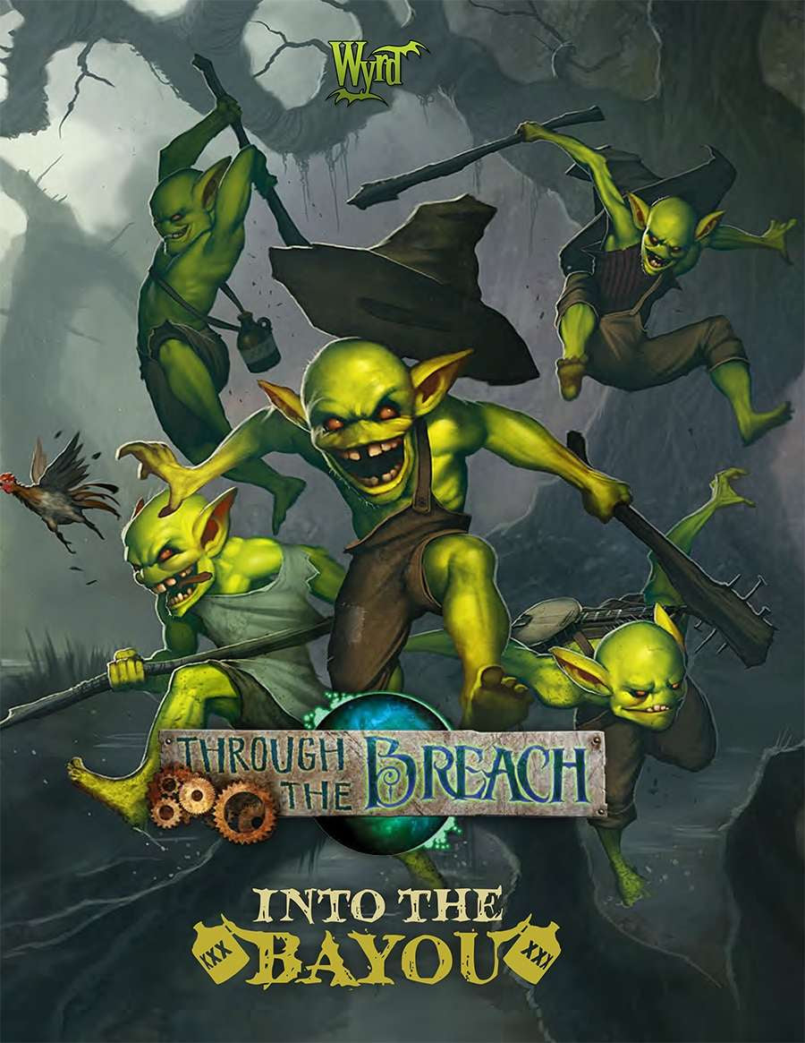 Aggressive green gremlins with red eyes and crude weapons charge through a dark bayou. "Through the Breach, Into the Bayou" cover