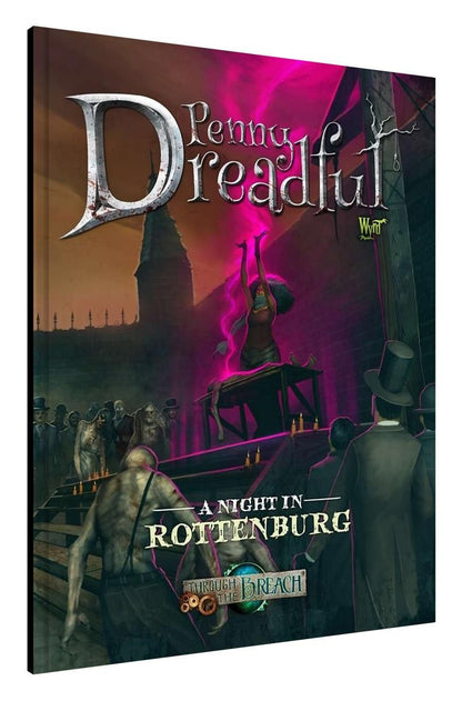 A woman glowing pink with raised arms performs a ritual over a body, watched by a gothic crowd and gallows
