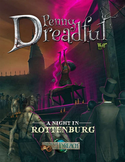 Penny Dreadful art: Woman performing glowing magic over a body on a table, surrounded by zombies and onlookers in a gothic scene