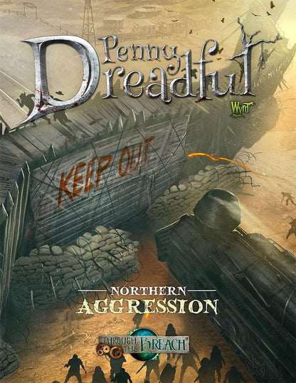 Fortified barricade with "KEEP OUT" sign, sandbags, and barbed wire. Silhouettes of figures face an armored train in a desolate, war-torn landscape