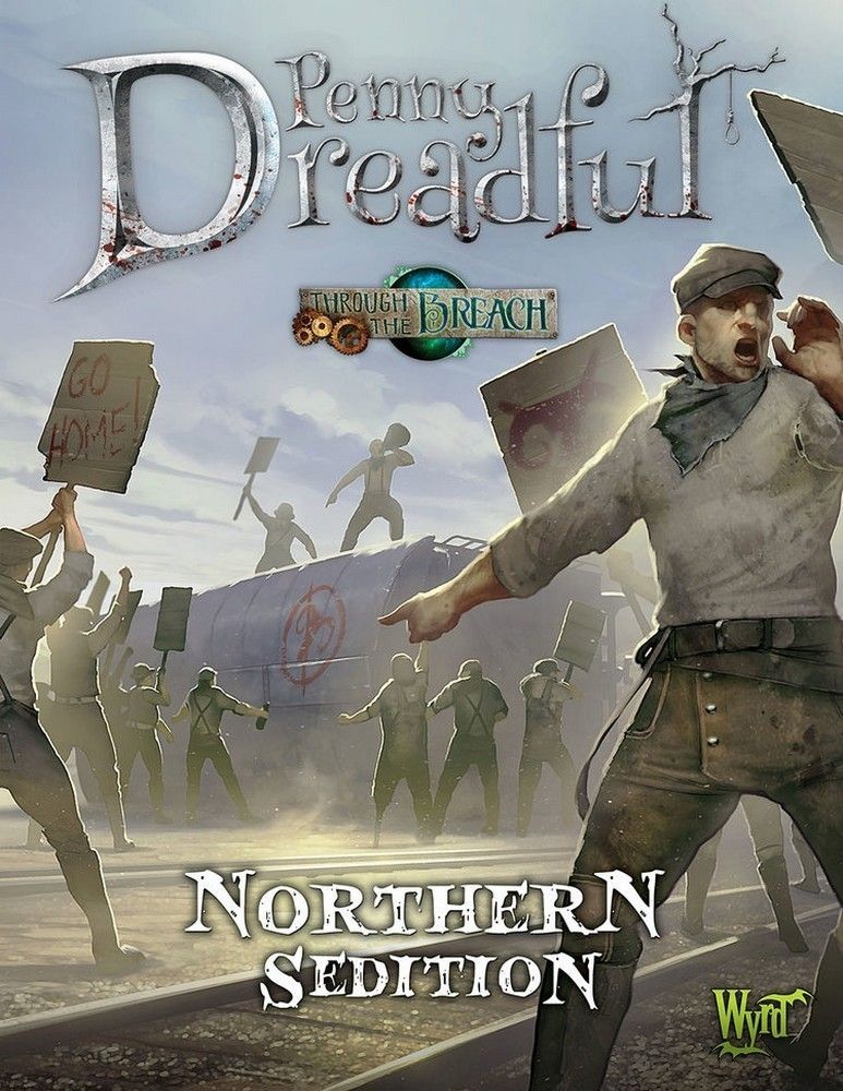 Game cover: A shouting man leads a mob protesting on train tracks by a train car, a sign reads "GO HOME!", a noose hangs