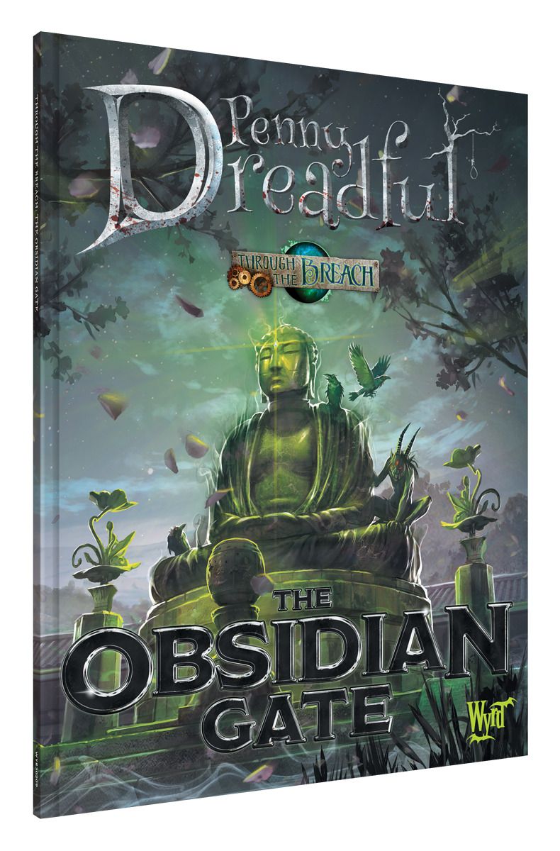 Book cover: Penny Dreadful: The Obsidian Gate. A glowing green Buddha statue, dark birds, and a horned demon in an eerie forest setting