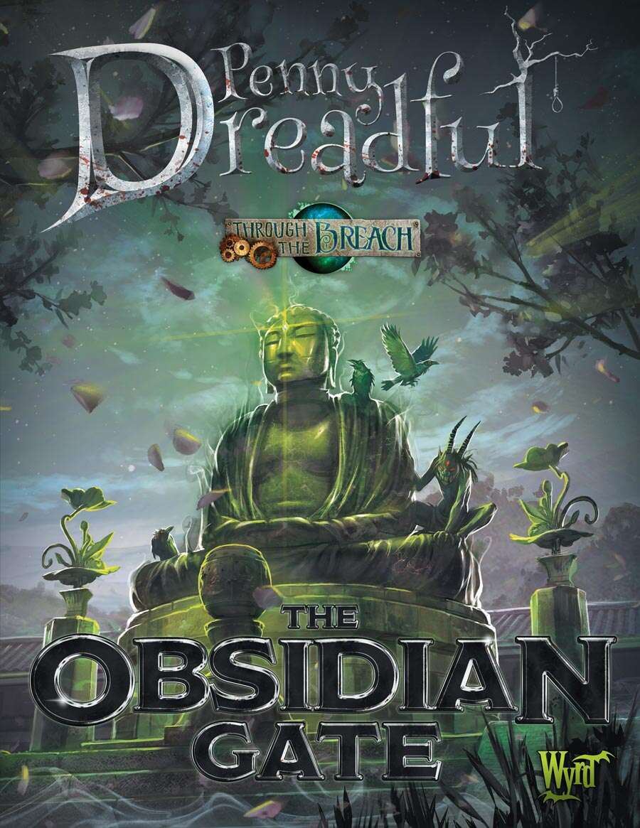 Mysterious cover: A glowing green Buddha statue in a dark, misty garden, with dark birds and a horned imp on its base