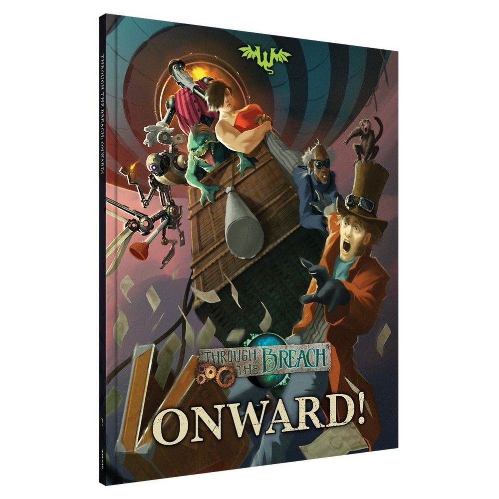 Cover art: Man in top hat, monster, robot, and monkey fall from a steampunk airship amidst flying papers