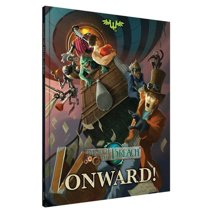 Cover art: Man in top hat, monster, robot, and monkey fall from a steampunk airship amidst flying papers