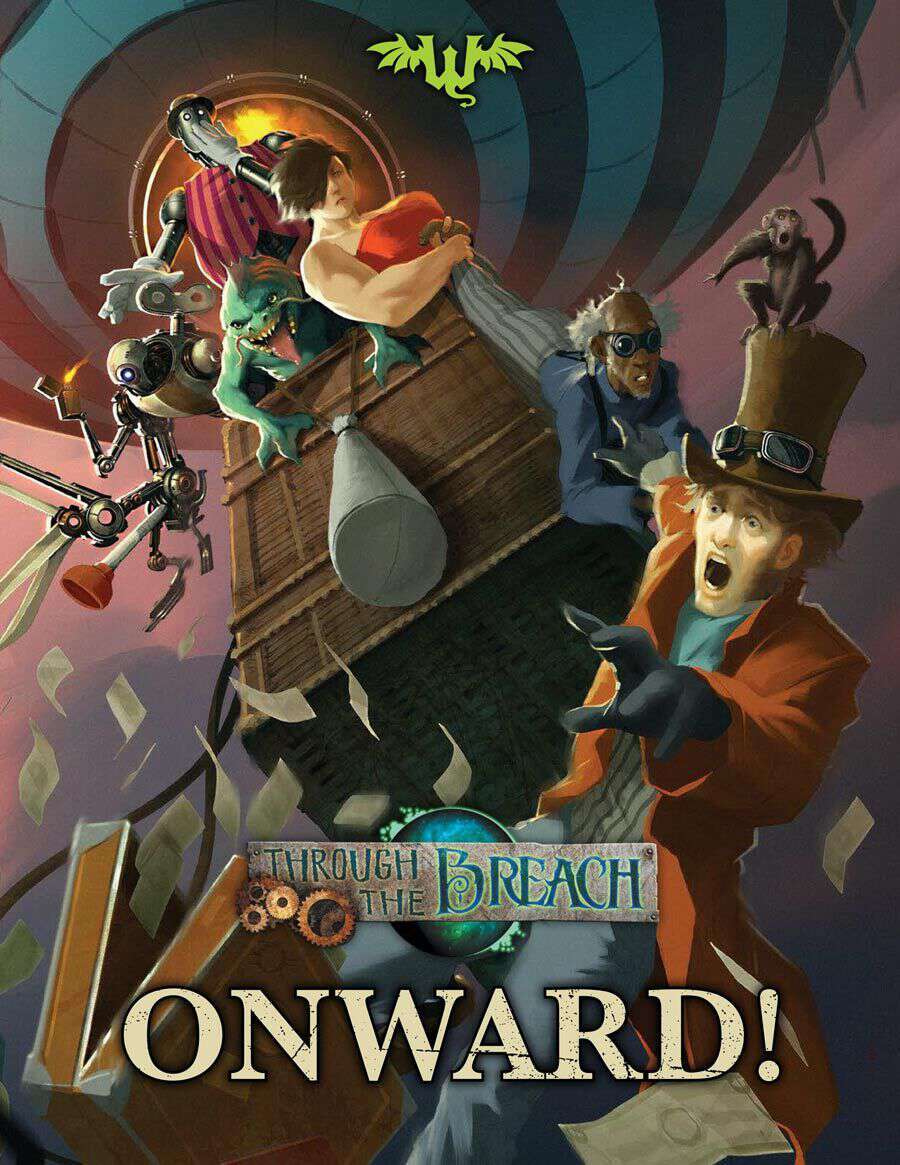 A chaotic group of characters, a monster, robot, and monkey, plummet from a tilted wooden crate under an airship, papers flying
