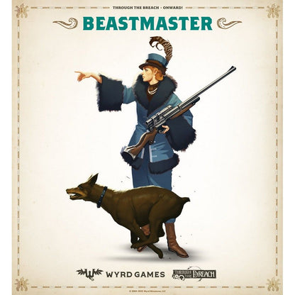 A 'BEASTMASTER' hunter in a fur coat points, holding a rifle, with a fierce brown dog running forward
