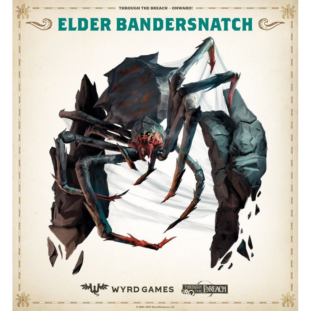 A fearsome, multi-eyed, spider-like Elder Bandersnatch with sharp legs and red eyes, emerging from dark rocks and webs
