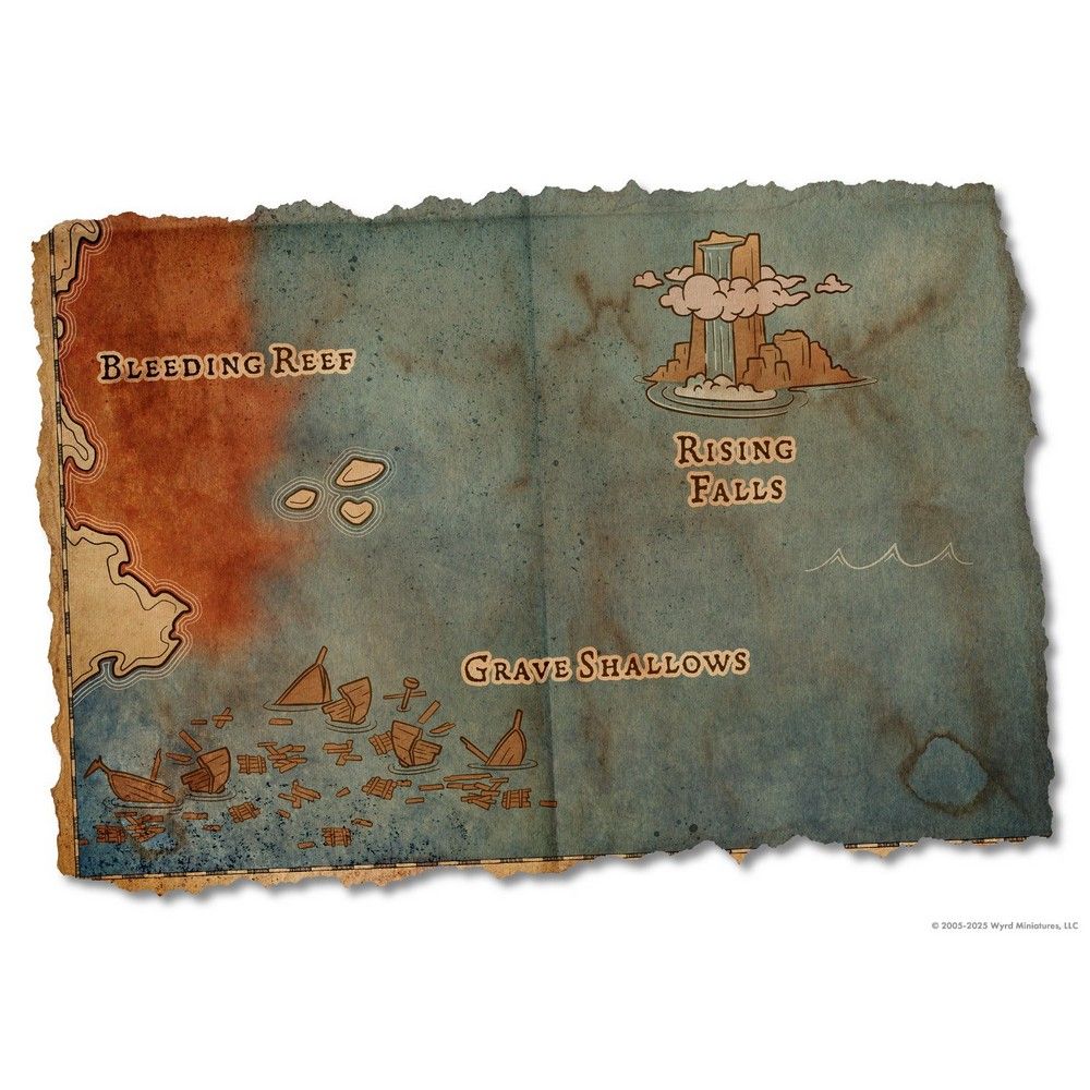 A tattered fantasy map shows 'Bleeding Reef,' 'Rising Falls' with a waterfall, and 'Grave Shallows' with shipwrecks