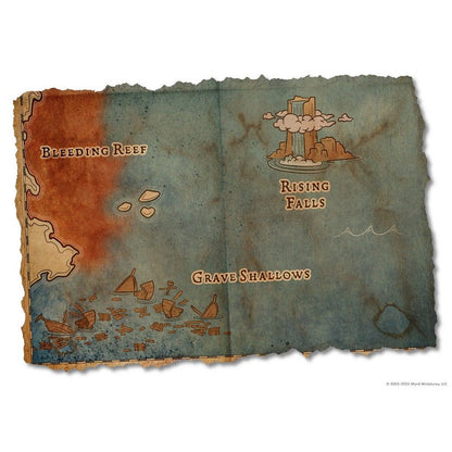A tattered fantasy map shows 'Bleeding Reef,' 'Rising Falls' with a waterfall, and 'Grave Shallows' with shipwrecks
