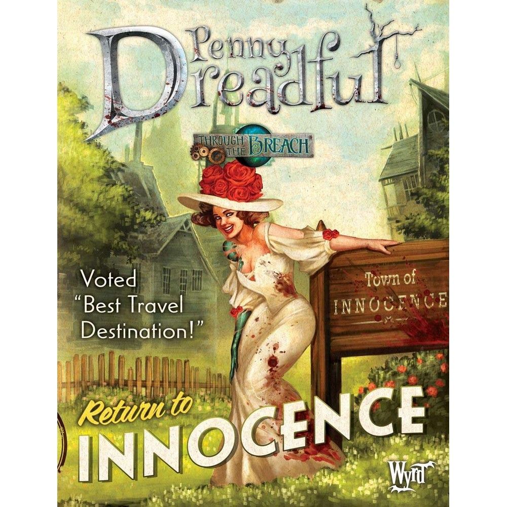 Smiling woman in blood-splattered white dress leans on a "Town of Innocence" sign