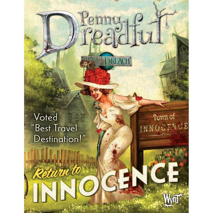 Smiling woman in blood-splattered white dress leans on a "Town of Innocence" sign