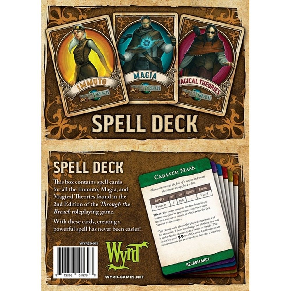 RPG 'Spell Deck' packaging featuring three character cards, a 'Cadaver Mask' game card, descriptive text, and barcode