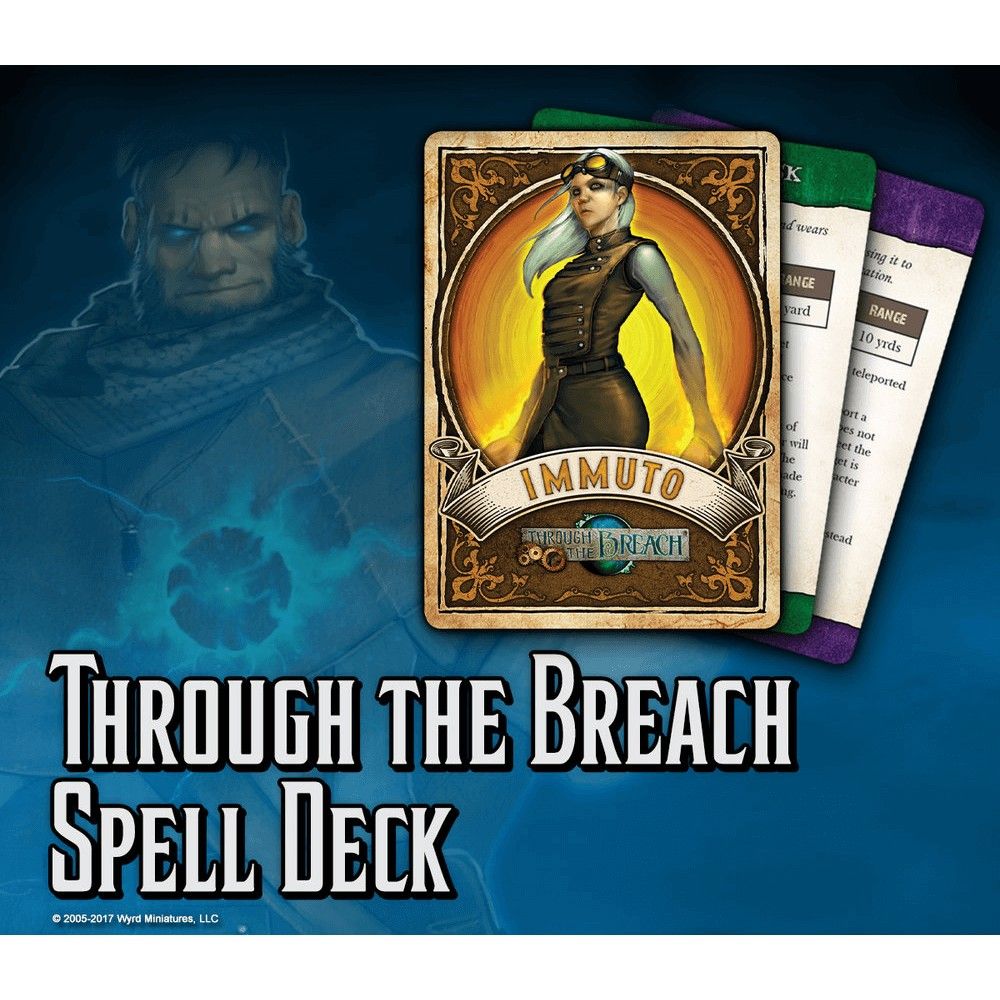 Through the Breach Spell Deck showing Immuto, a goggle-wearing woman on a card, with a faded man casting a spell behind