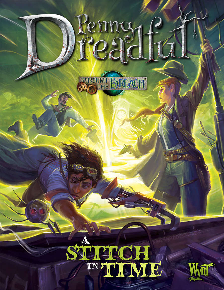 Penny Dreadful cover: A goggled woman with a mechanical arm reaches into a glowing green time breach