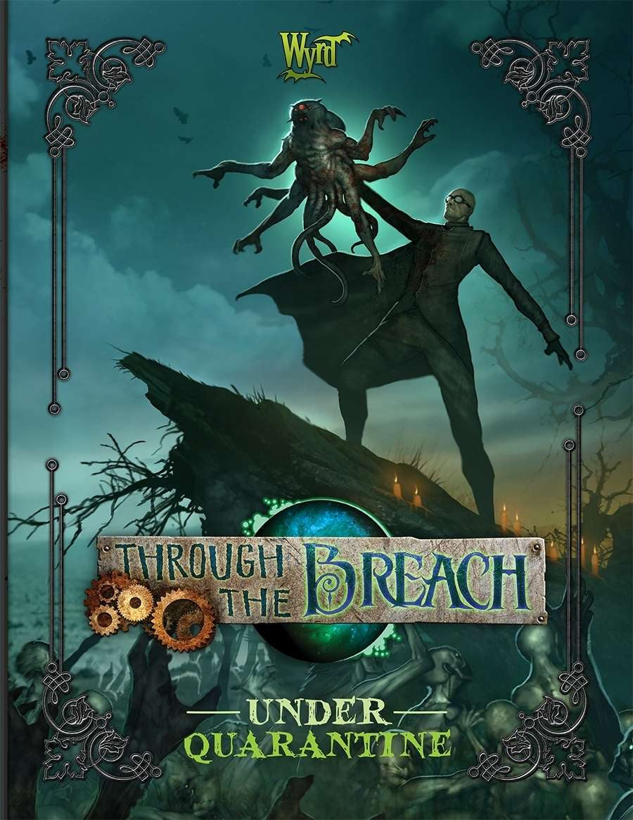 A bald man in glasses confronts a red-eyed, tentacled monster on a dark, spooky landscape