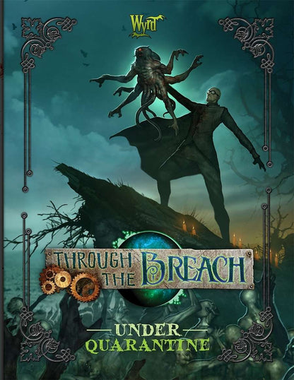 A bald man in glasses confronts a red-eyed, tentacled monster on a dark, spooky landscape
