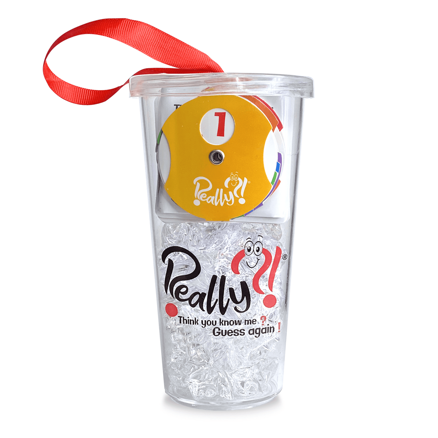 Game components including colorful cards inside a glass container