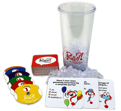 Close-up of game cards with quirky questions and prompts