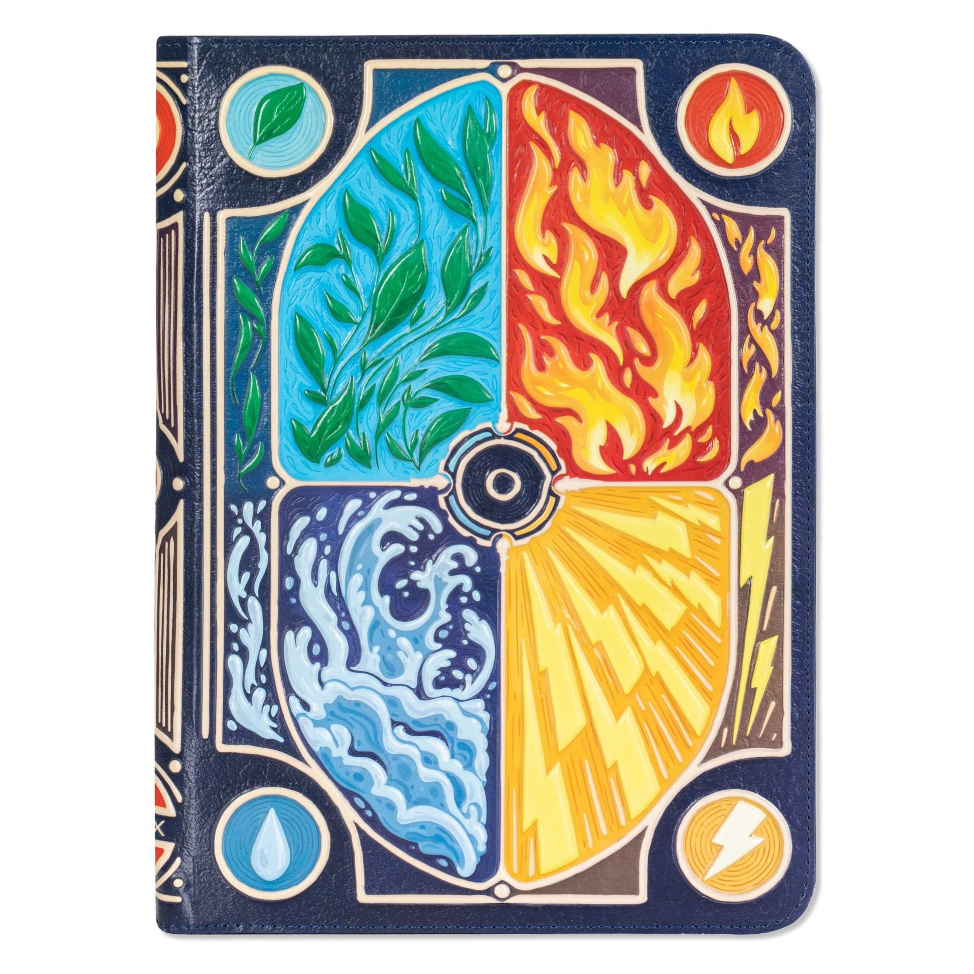 Faux-leather TCG binder with an embossed cover displaying four brightly colored elemental quadrants: Earth, Fire, Water, and Lightning