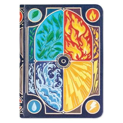 Faux-leather TCG binder with an embossed cover displaying four brightly colored elemental quadrants: Earth, Fire, Water, and Lightning
