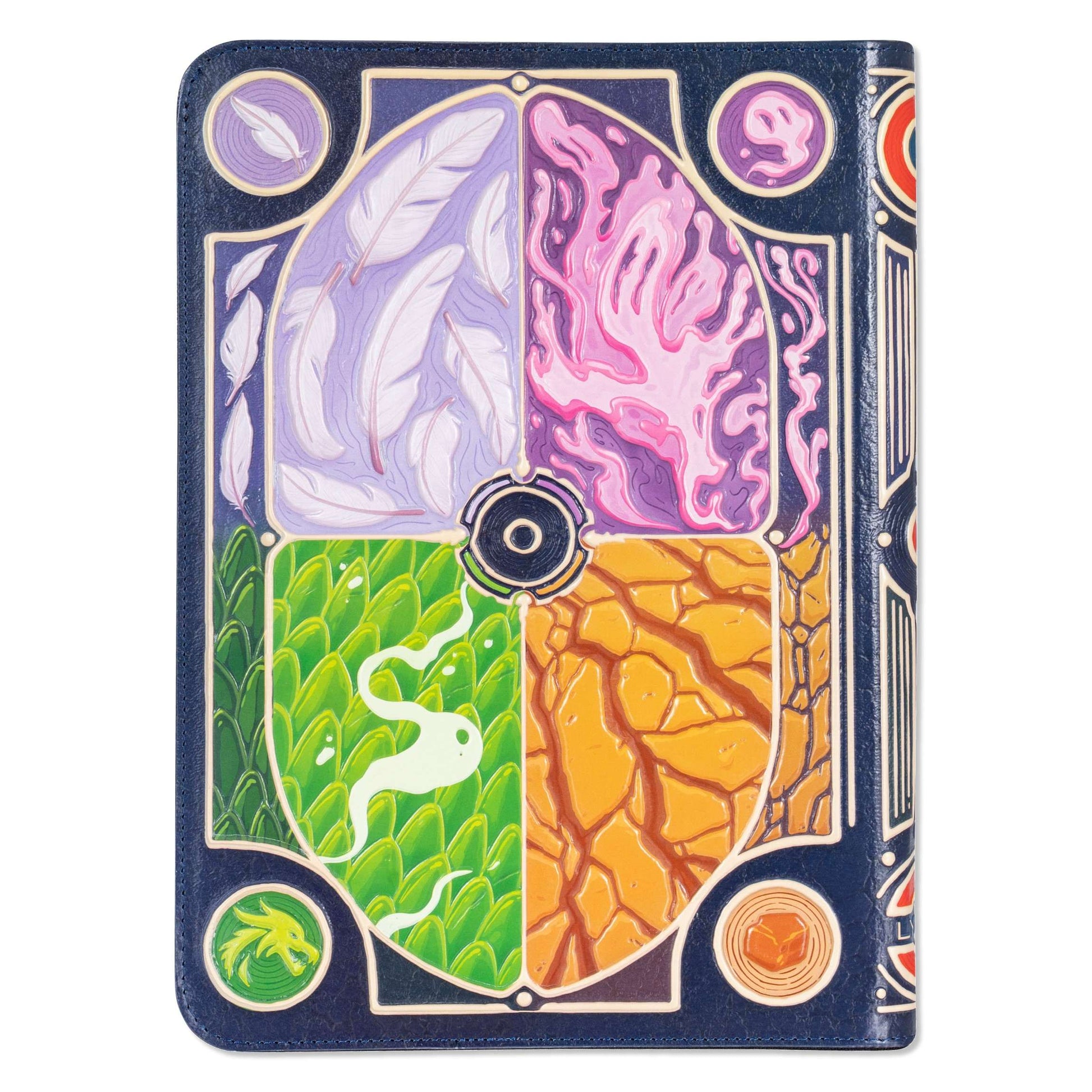 This dark blue faux-leather card binder displays an intricate embossed cover featuring four elemental quadrants: white feathers, pink fluid, green scales, and cracked desert ground