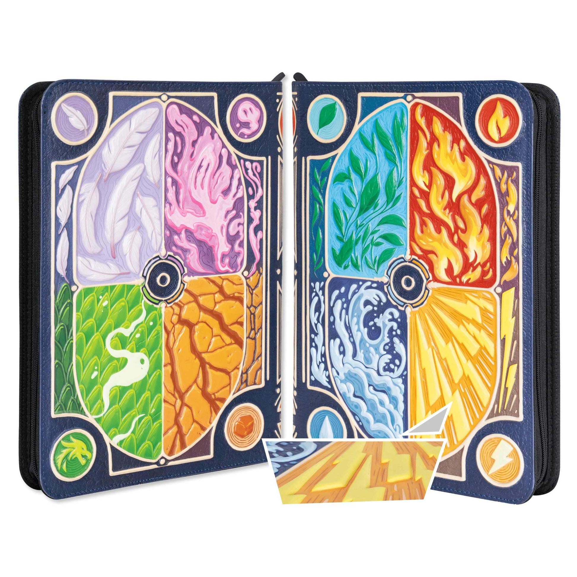 A vibrant navy blue faux-leather trading card binder is shown open, highlighting the embossed artwork of eight magical elements including feathers flames and water waves