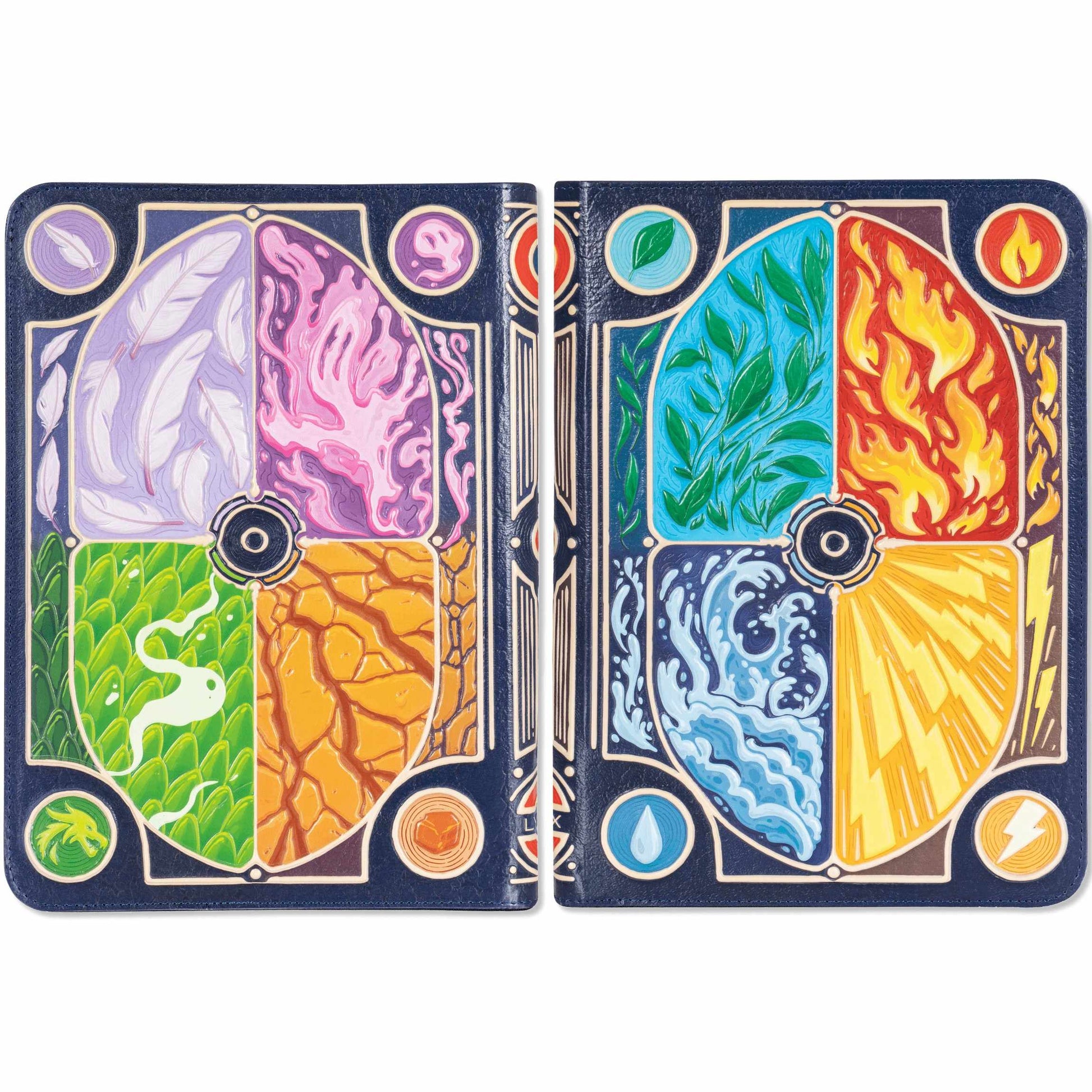 Detailed faux-leather trading card binder open to show eight colorful, embossed elemental quadrants on the navy blue covers