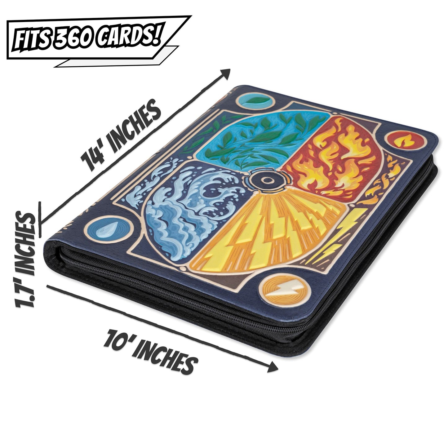 Zippered faux-leather TCG binder displaying an embossed four-element cover, labeled as 14 by 10 by 17 inches and advertised to fit 360 cards