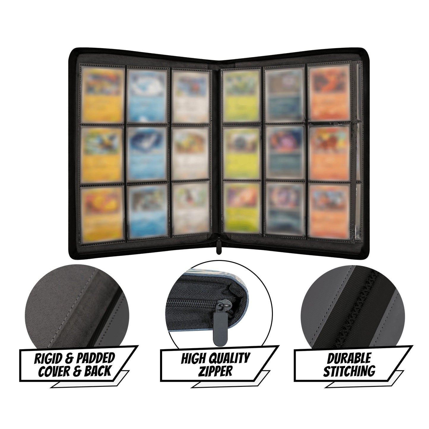 Open view of a black faux-leather trading card binder displaying card pages, highlighting its rigid padded cover, quality zipper, and durable stitching