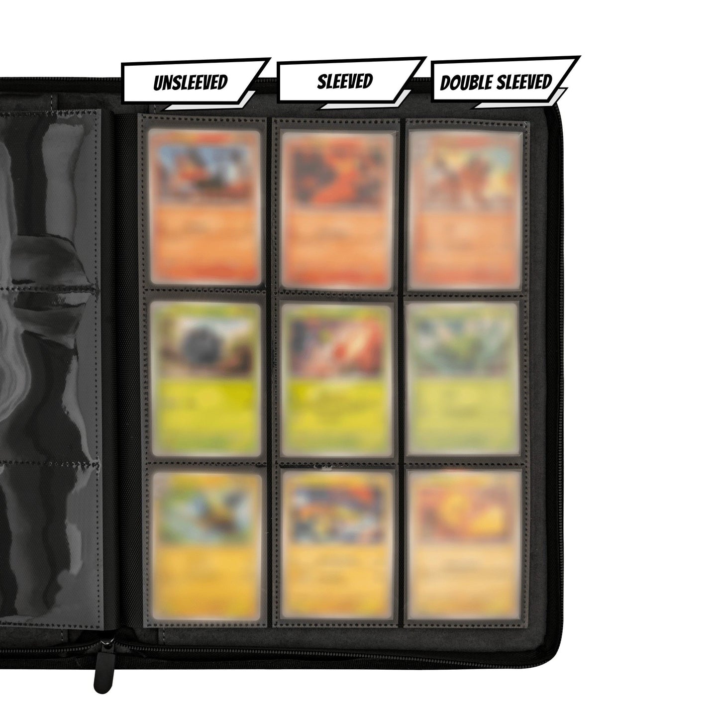 Open black trading card binder interior showcasing card fit across three columns labeled unsleeved, sleeved, and double sleeved cards in nine-pocket pages