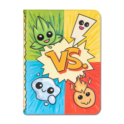 A colorful TCG faux-leather binder featuring a cartoon design of four elemental creatures—plant, lightning, water, and fire—in a split background facing off around an orange VS symbol