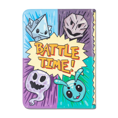 Large faux-leather trading card binder cover featuring a vibrant four-quadrant design of cartoon monsters and the prominent orange text BATTLE TIME