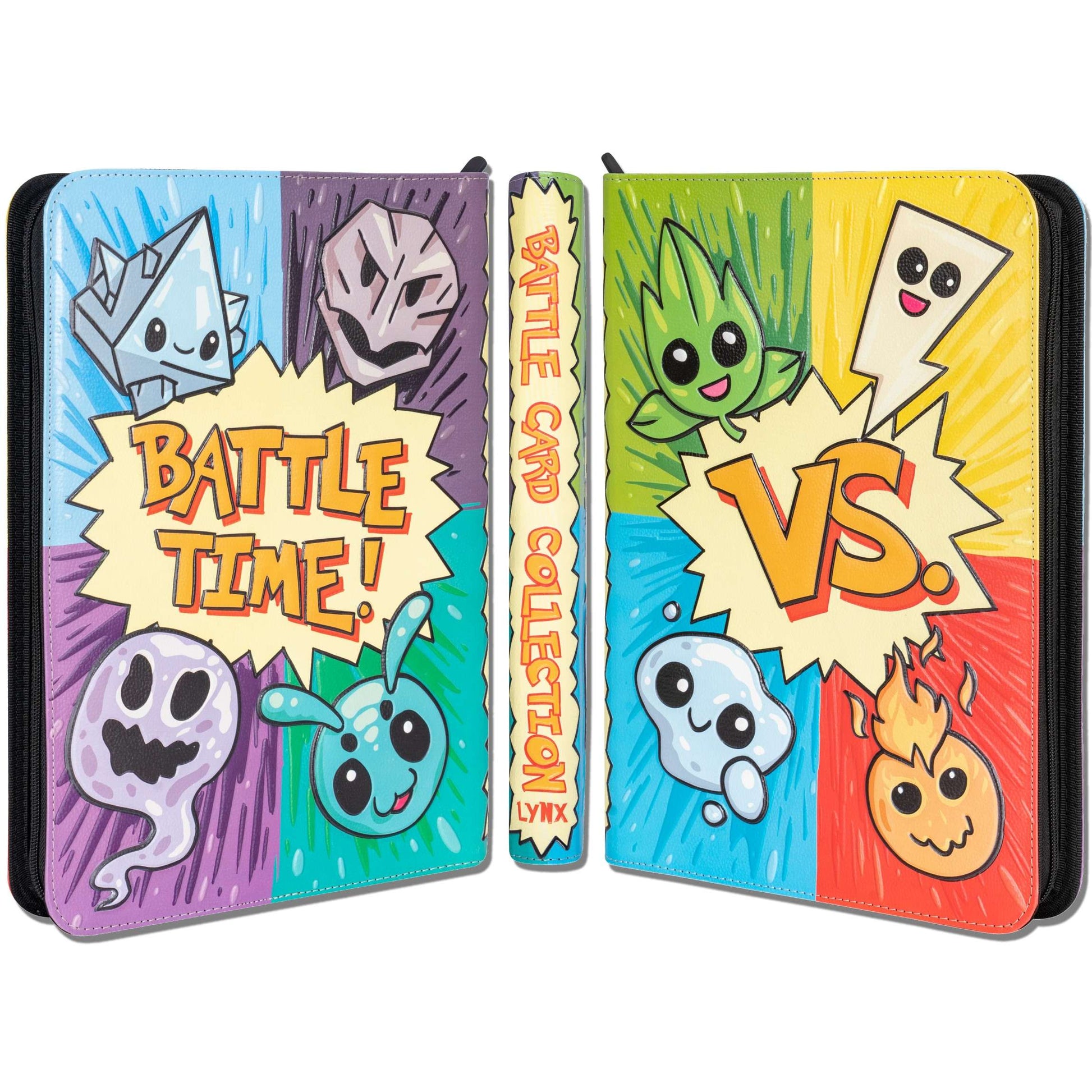This brightly colored zippered trading card binder features an anime battle scene with six elemental monsters and the bold text "BATTLE TIME!" and "VS"