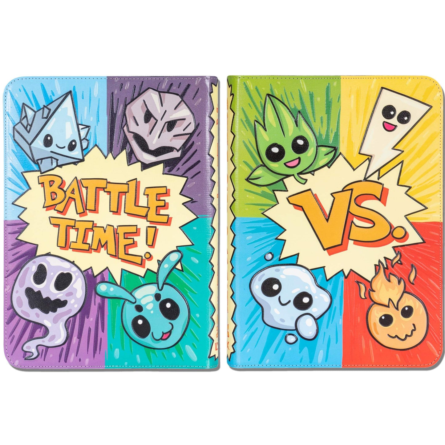 Faux-leather TCG binder shown open displaying colorful cartoon elemental creatures and bold text bursts reading "BATTLE TIME!" and "VS"