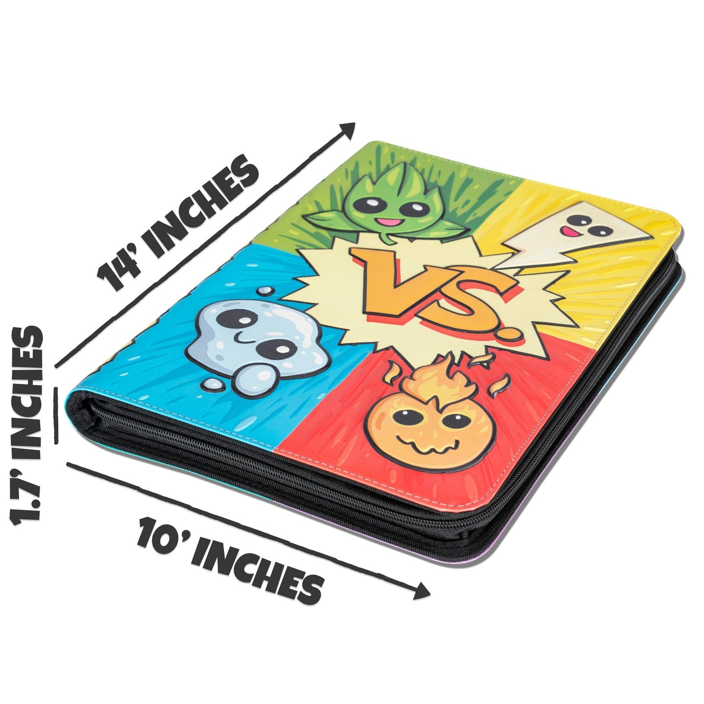 This large zippered trading card binder features the colorful Battle Time elemental design and displays dimensions of 14 by 10 by 17 inches