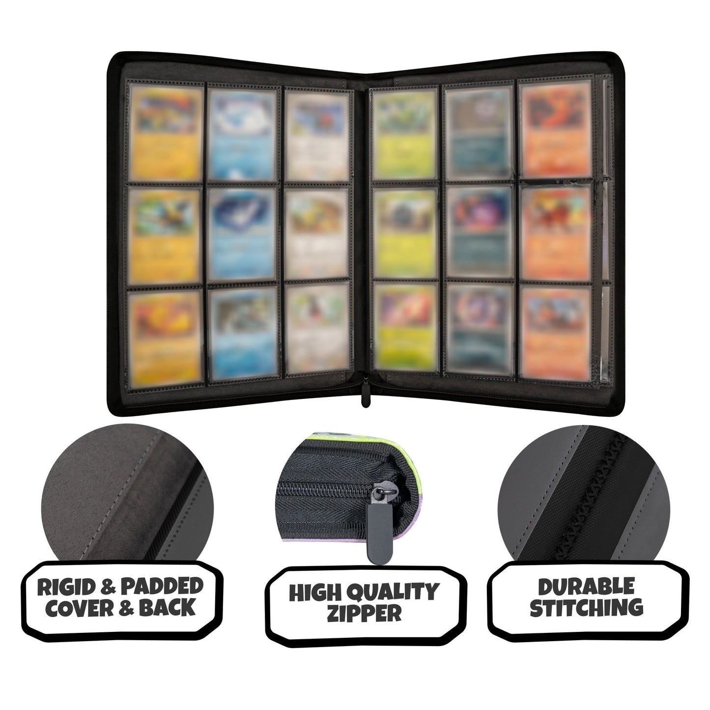 Large open black faux-leather trading card binder holding blurred cards with detail shots emphasizing the rigid padded cover and durable zipper closure