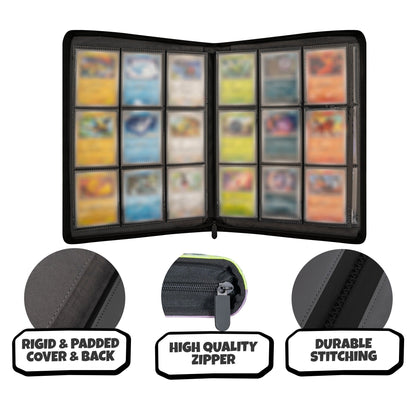 Large open black faux-leather trading card binder holding blurred cards with detail shots emphasizing the rigid padded cover and durable zipper closure