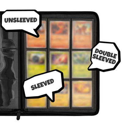 Internal view of the black TCG binder displaying nine card slots filled with blurred cards, highlighted by speech bubbles labeling examples of unsleeved, sleeved, and double sleeved fit