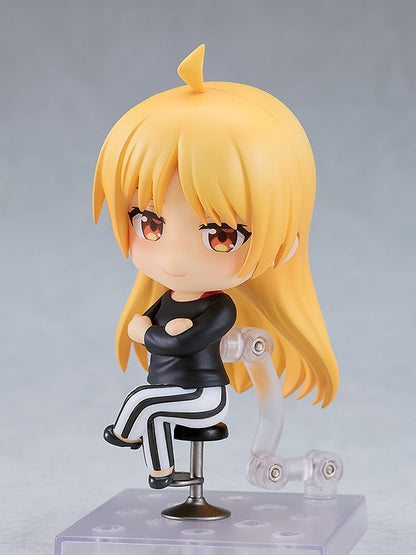 Bocchi the Rock Seika Ijichi Nendoroid figure in black shirt and striped pants sitting on a stool