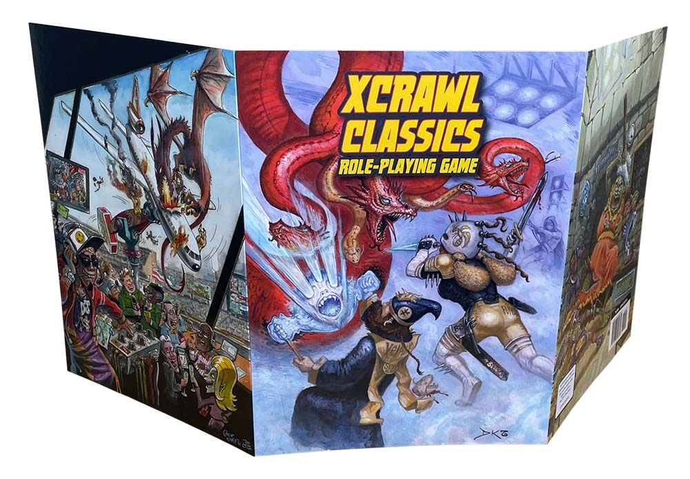 XCRAWL CLASSICS RPG game screen showing fantasy warriors battling a red dragon & ghost. Left panel: dragons attacking a modern plane