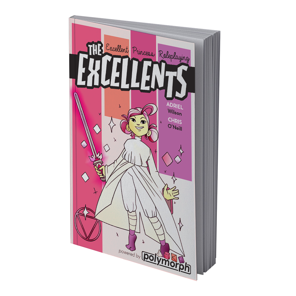 The Excellents book cover shows a pink-haired person in a white robe holding a glowing pink sword, surrounded by stars and diamonds on a pink and orange background