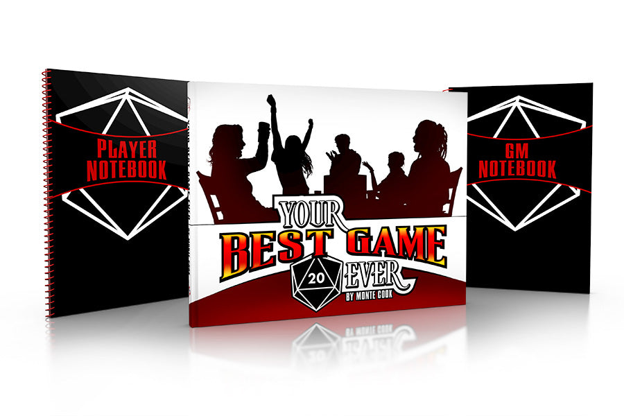 TRPG GM screen with celebrating players, "YOUR BEST GAME EVER" text, and d20 logo, flanked by Player and GM notebooks