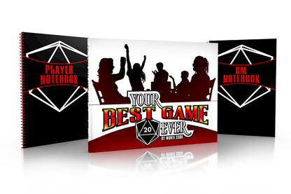 TRPG GM screen with celebrating players, "YOUR BEST GAME EVER" text, and d20 logo, flanked by Player and GM notebooks