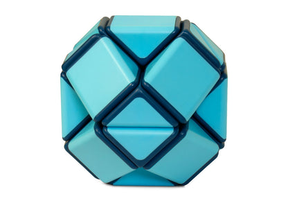 A light blue Rubik's Snake puzzle toy twisted into a diamond-faceted sphere