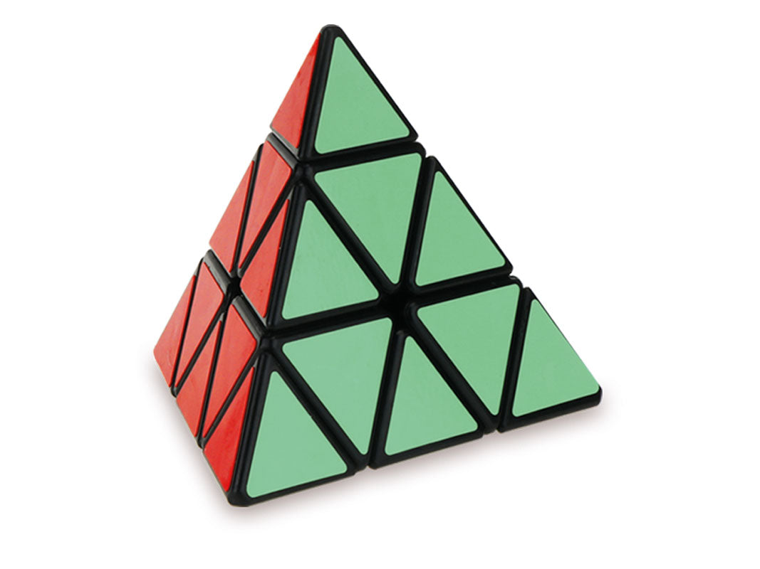 Red and green triangular pyramid puzzle (Pyraminx) on a white background